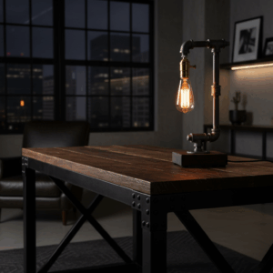 Lámpara Bell industrial hecha con tubería de acero al carbón y base de madera sólida entintada, con foco vintage de filamento y luz cálida