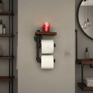 Dispensador doble de papel con repisa hecho en acero al carbón y madera sólida entintada y barnizada, diseño industrial de Alia Mobiliario