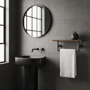 Toallero con repisa industrial hecho con tubería de acero al carbón y madera sólida entintada y barnizada, diseño artesanal de Alia Mobiliario