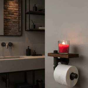 Dispensador industrial de papel higiénico hecho con tubería de acero al carbón y madera sólida entintada, diseño artesanal de Alia Mobiliario