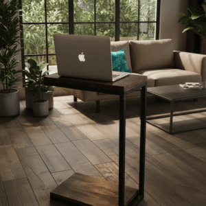 Mesa lateral industrial de acero y madera en sala moderna