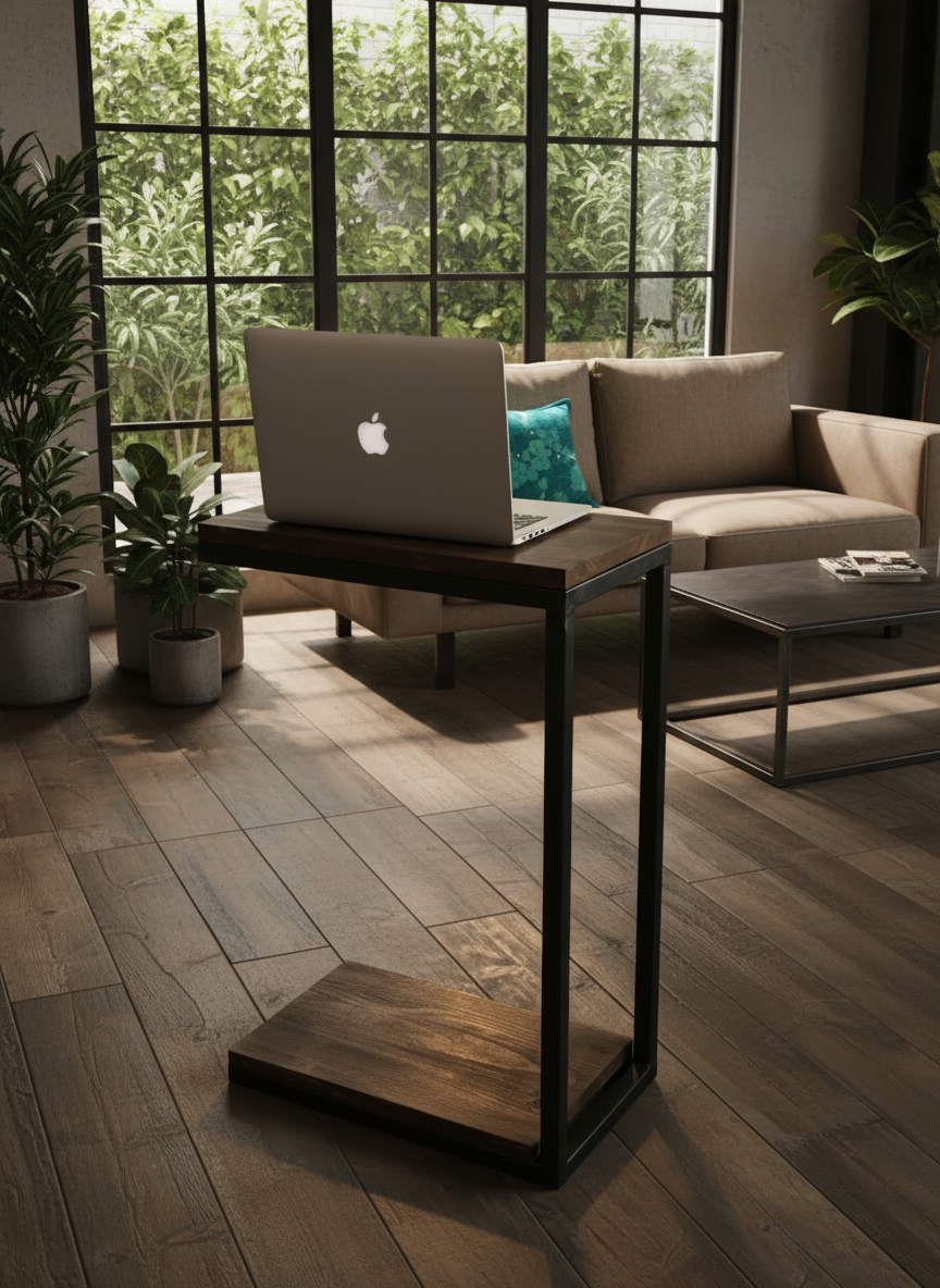 Mesa C de acero y madera sólida de pino - Alia Mobiliario