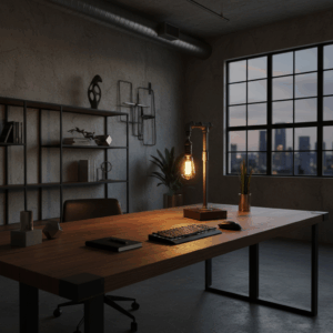 Lámpara Volte de estilo industrial iluminando un escritorio moderno en un loft urbano.